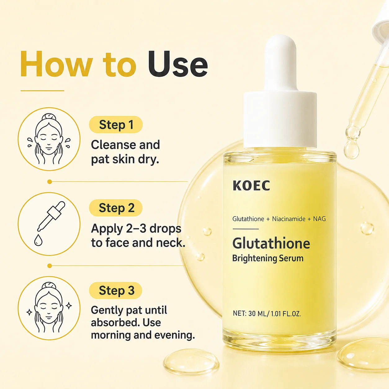 KOEC Glutathione Brightening Facial Serum, Niacinamide & NAG Serum for Face, Glutathione Serum, Dark Spot Serum, Brightening Serum for Even Skin Tone & Radiant - Looking Glow, 30ml/1.01fl.oz - Image 7