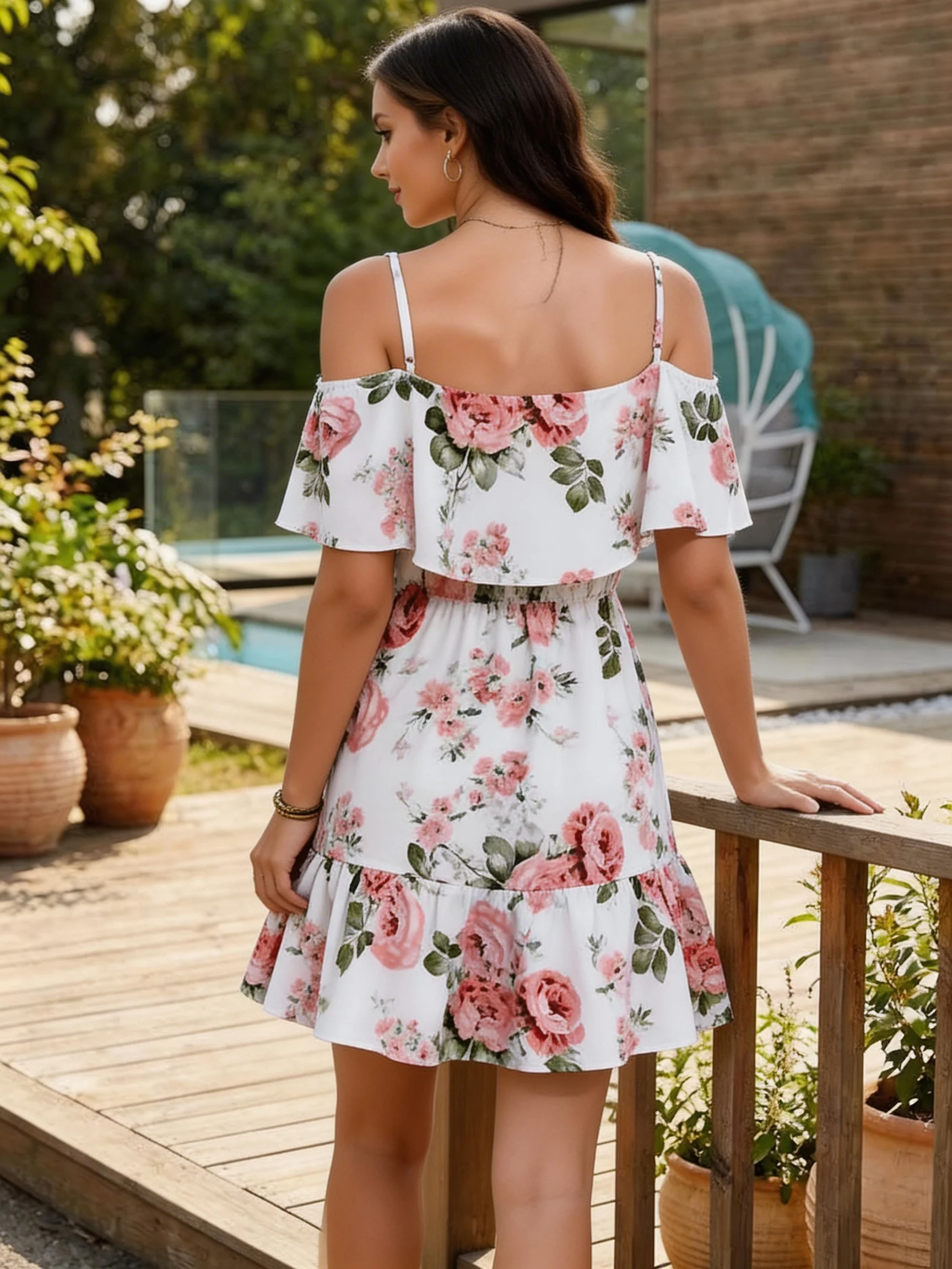 Women's European-Style Floral Print Dress Sleeveless Halter Top with Ruffled Edges Short Skirt for Summer - Image 2