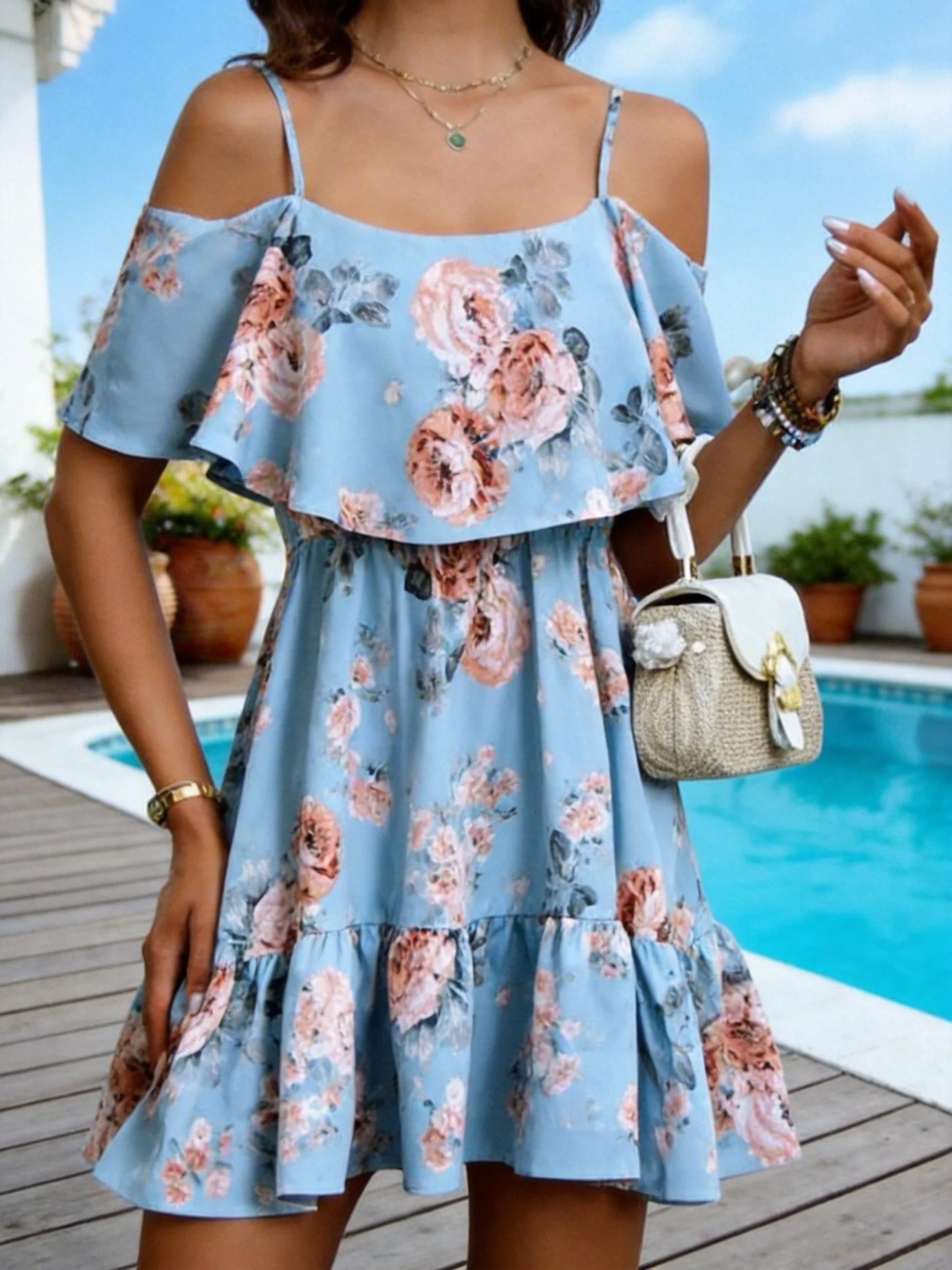 Women's European-Style Floral Print Dress Sleeveless Halter Top with Ruffled Edges Short Skirt for Summer - Image 6