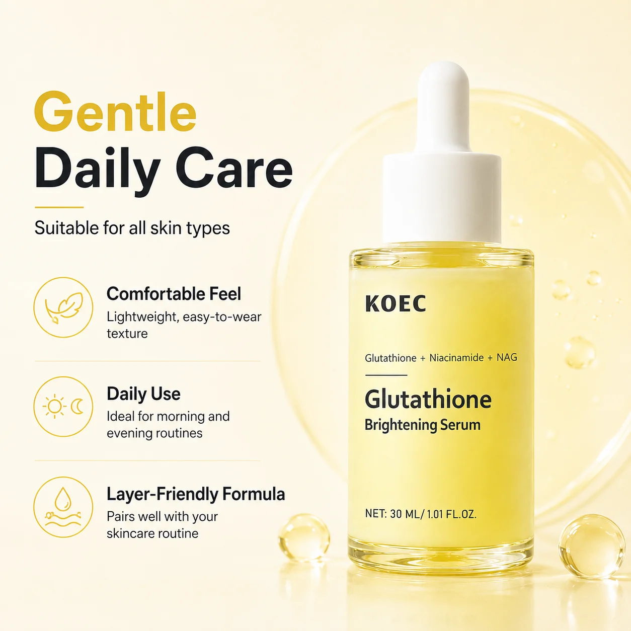 KOEC Glutathione Brightening Facial Serum, Niacinamide & NAG Serum for Face, Glutathione Serum, Dark Spot Serum, Brightening Serum for Even Skin Tone & Radiant - Looking Glow, 30ml/1.01fl.oz - Image 6
