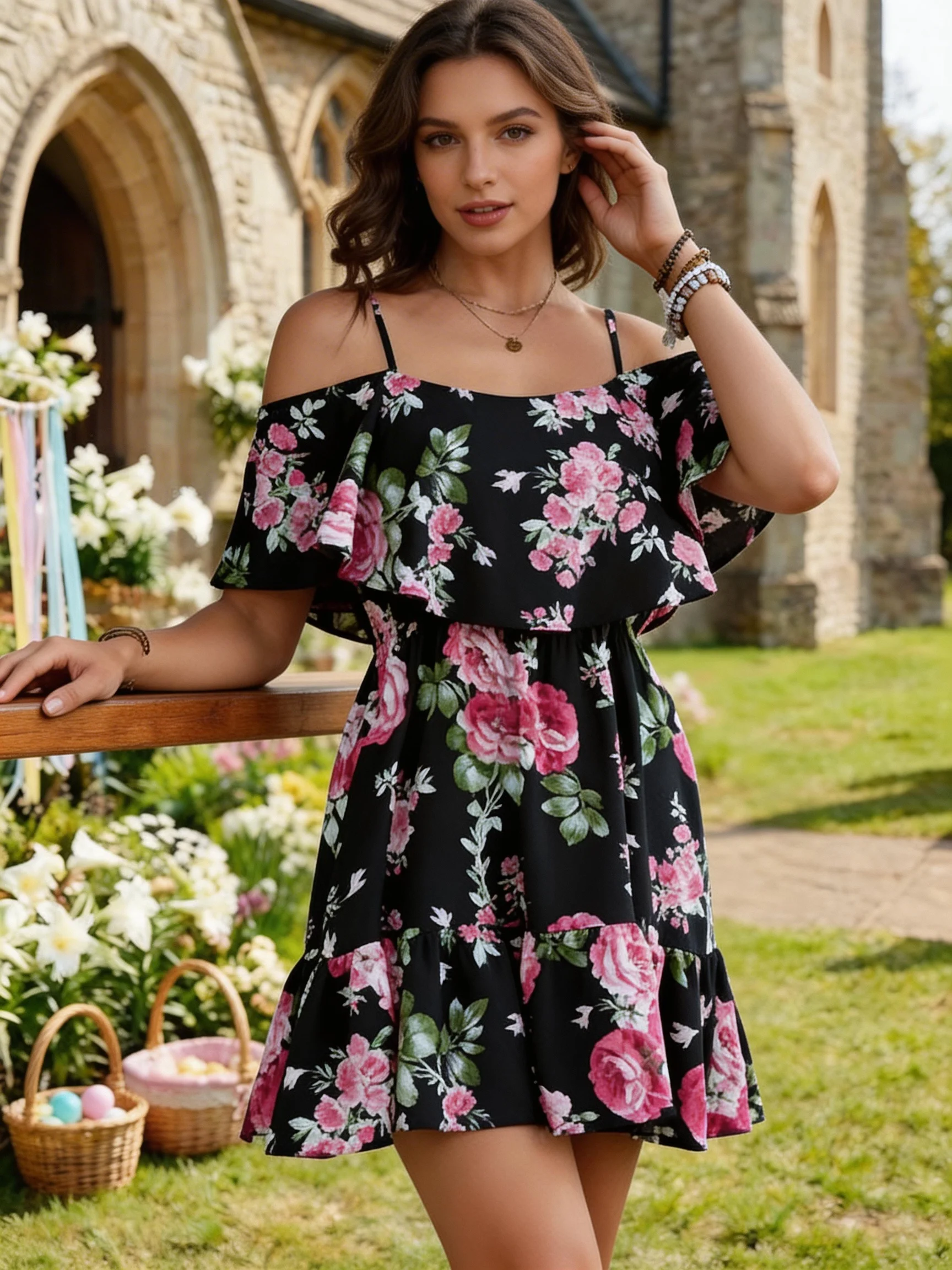 Women's European-Style Floral Print Dress Sleeveless Halter Top with Ruffled Edges Short Skirt for Summer - Image 10