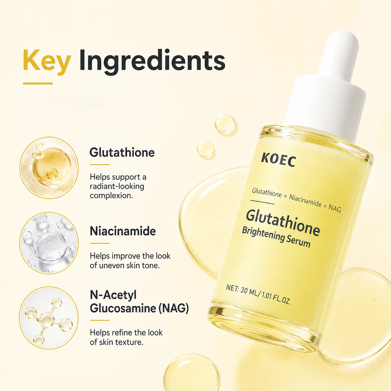 KOEC Glutathione Brightening Facial Serum, Niacinamide & NAG Serum for Face, Glutathione Serum, Dark Spot Serum, Brightening Serum for Even Skin Tone & Radiant - Looking Glow, 30ml/1.01fl.oz - Image 2