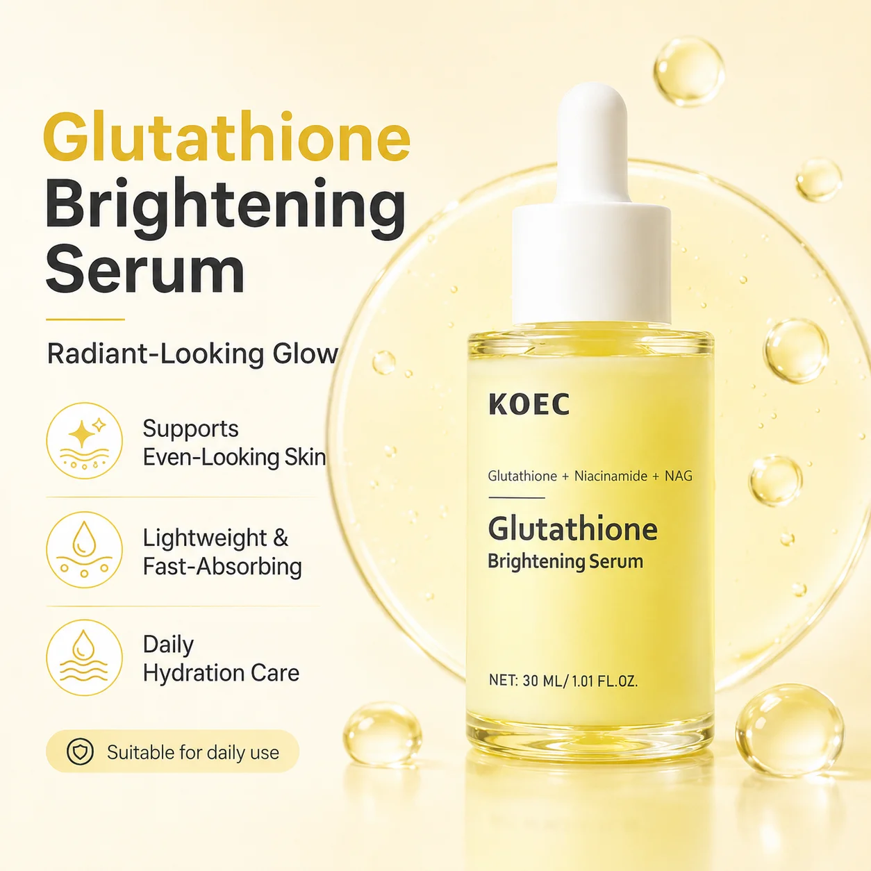 KOEC Glutathione Brightening Facial Serum, Niacinamide & NAG Serum for Face, Glutathione Serum, Dark Spot Serum, Brightening Serum for Even Skin Tone & Radiant - Looking Glow, 30ml/1.01fl.oz