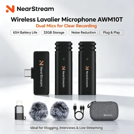 NearStream Wireless Lavalier Microphone 2.4G Plug‑Play Mini Clip‑on Lapel Mic for iPhone Lightning Android USB‑C, Noise‑Reduction Reverb Mute, Reverberation,6 Hours Working Time for Vlog, Podcast, Interview, Live Streaming