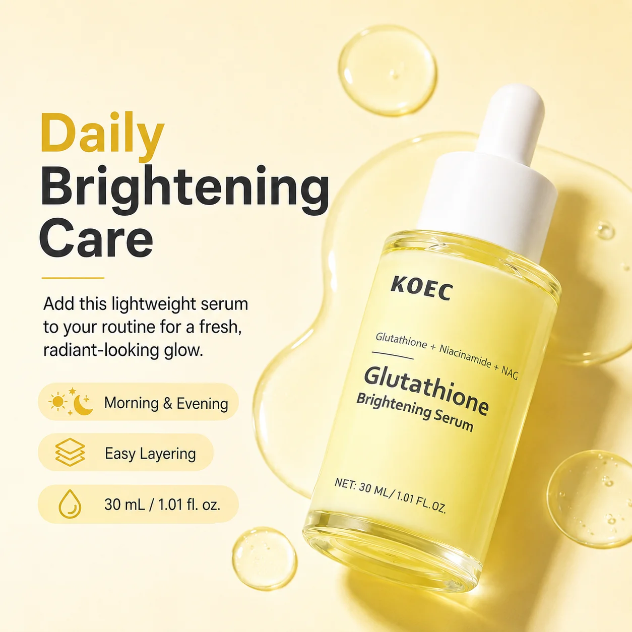 KOEC Glutathione Brightening Facial Serum, Niacinamide & NAG Serum for Face, Glutathione Serum, Dark Spot Serum, Brightening Serum for Even Skin Tone & Radiant - Looking Glow, 30ml/1.01fl.oz - Image 4