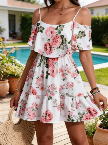 Women's European-Style Floral Print Dress Sleeveless Halter Top with Ruffled Edges Short Skirt for Summer