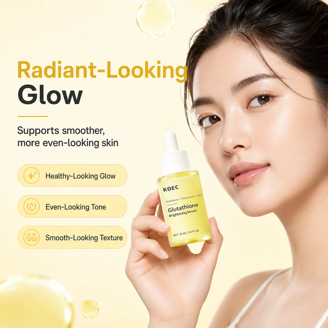 KOEC Glutathione Brightening Facial Serum, Niacinamide & NAG Serum for Face, Glutathione Serum, Dark Spot Serum, Brightening Serum for Even Skin Tone & Radiant - Looking Glow, 30ml/1.01fl.oz - Image 3