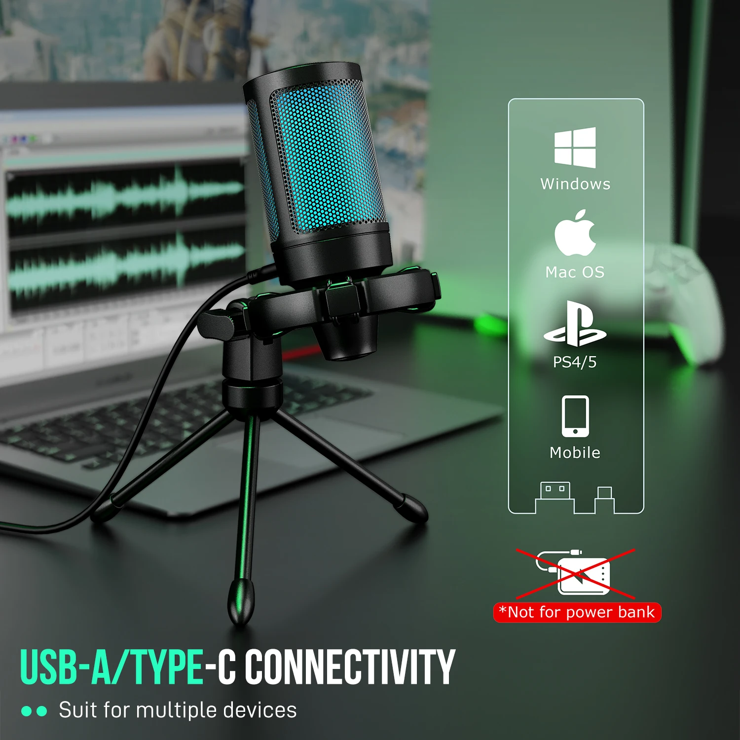 AmpliGame by FIFINE RGB USB Gaming Microphone with Light-touch Mute,Condenser Mic with Tripod for PC,PS4/5,Laptop Streaming-A2 - Image 3