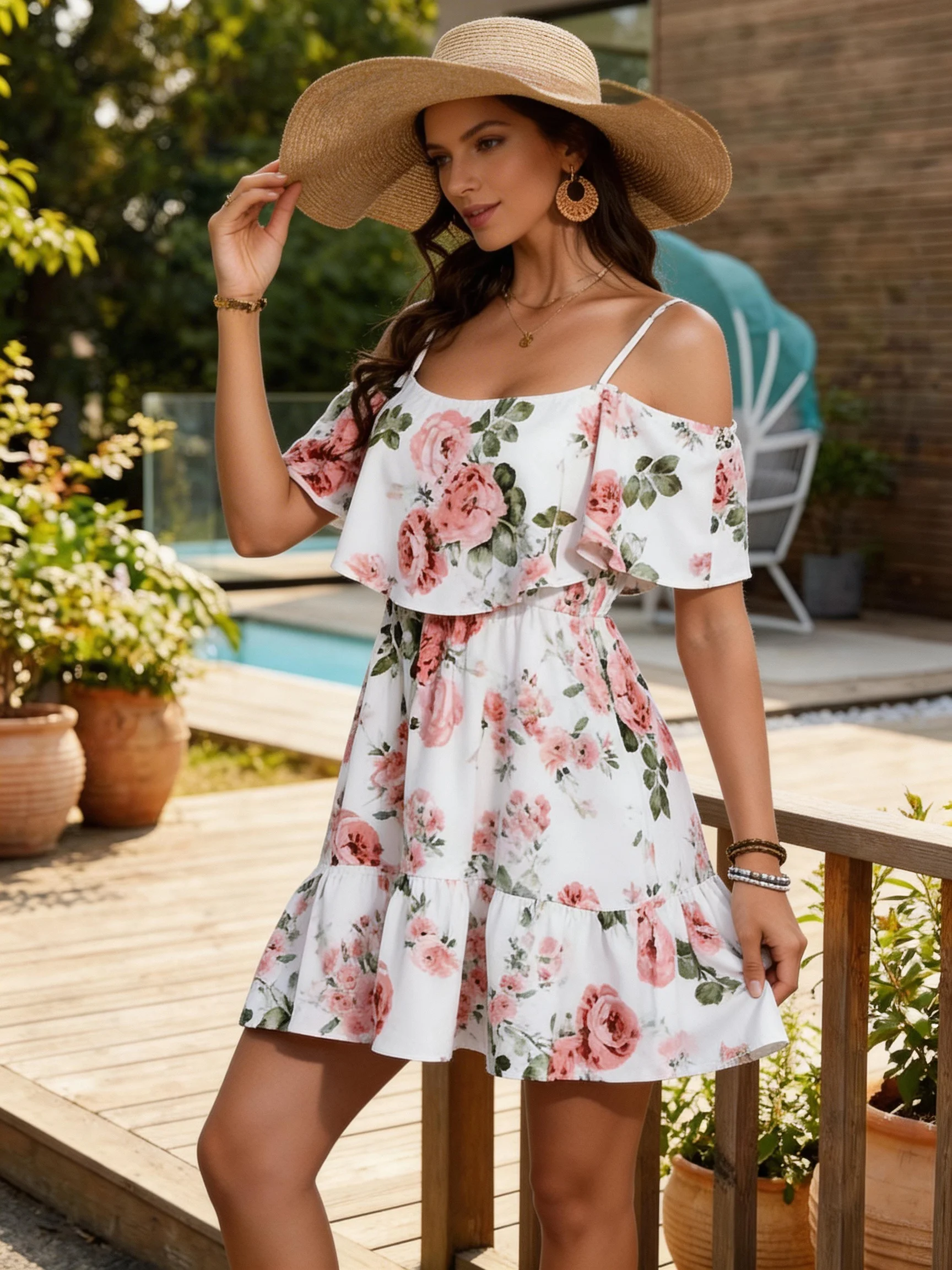 Women's European-Style Floral Print Dress Sleeveless Halter Top with Ruffled Edges Short Skirt for Summer - Image 3