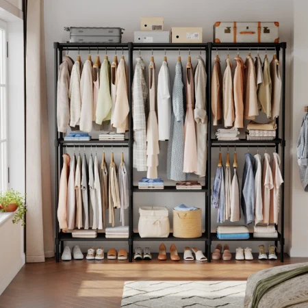 JHK 72IN to 81IN Portable Three Rows Wardrobe Closet with Hanging Rods Clothing Rack with Shelves Mudroom Storage Organizer