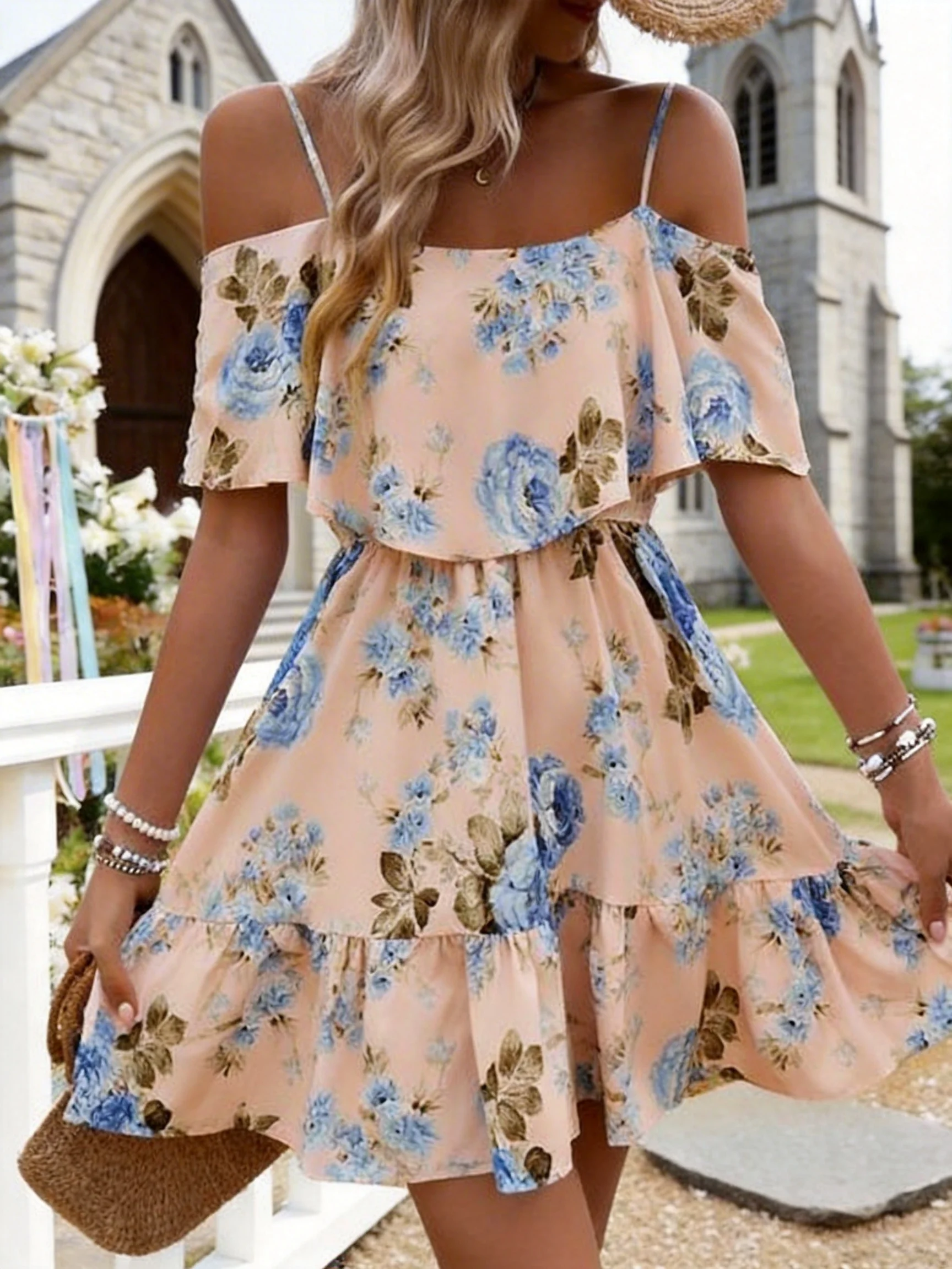 Women's European-Style Floral Print Dress Sleeveless Halter Top with Ruffled Edges Short Skirt for Summer - Image 7