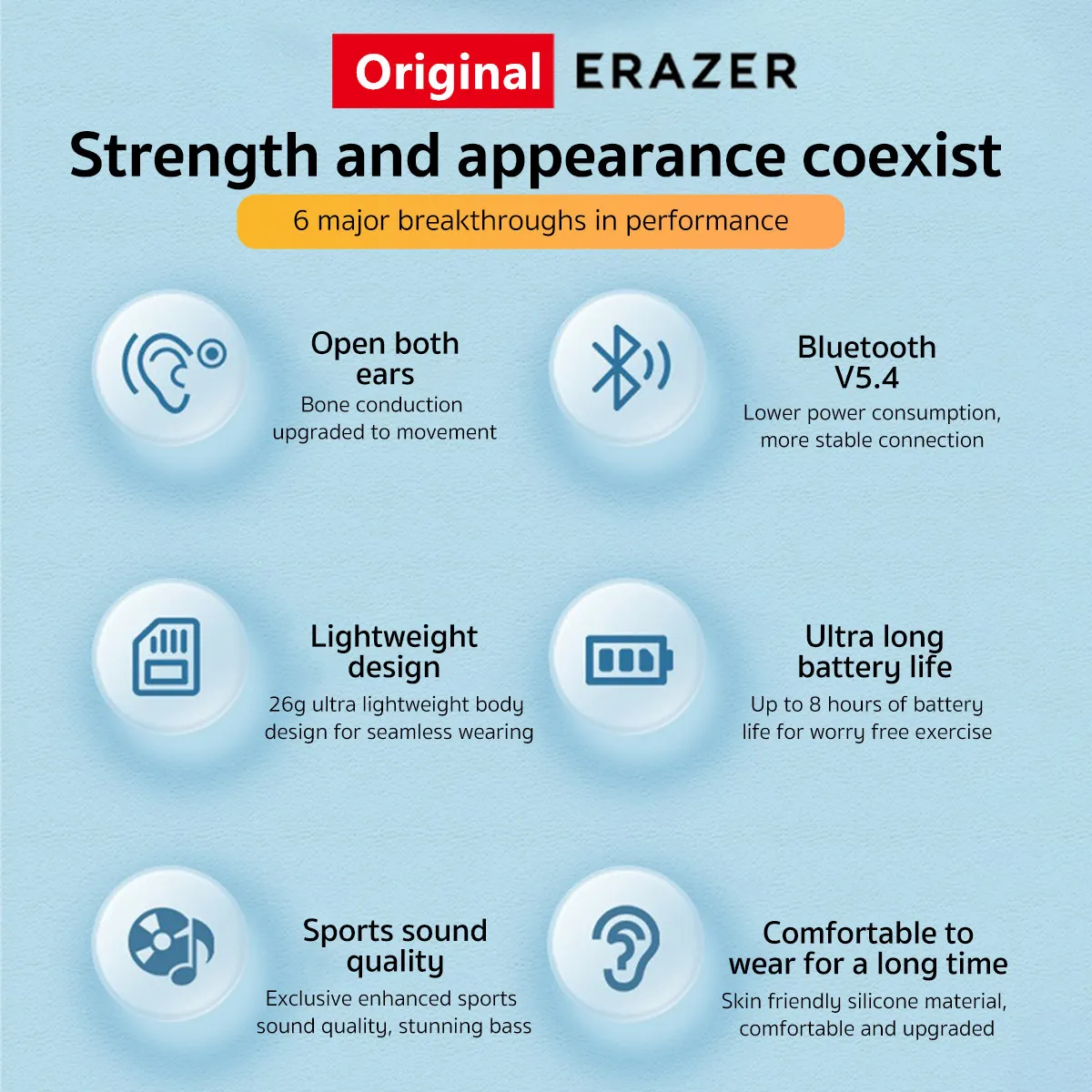 Original ERAZER XF22 Earphone Bluetooth 5.4 Sports Wireless Headphones Bone Conduction Headsets with Mic Neckband Earbuds - Image 2